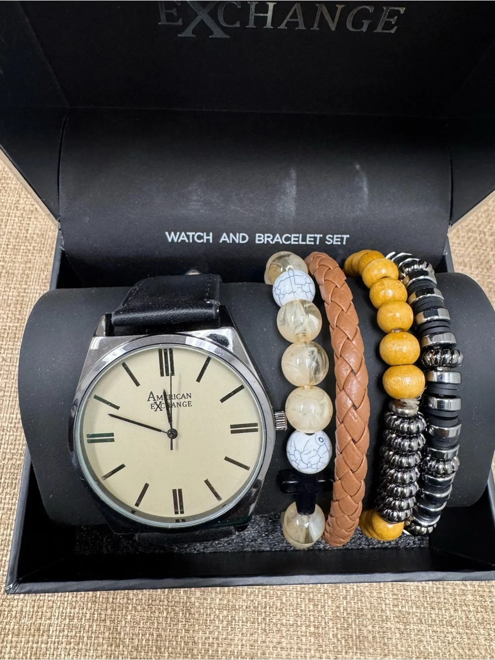 American Exchange Watch & Bracelet Set, Black Strap, Braided Cross, Wood